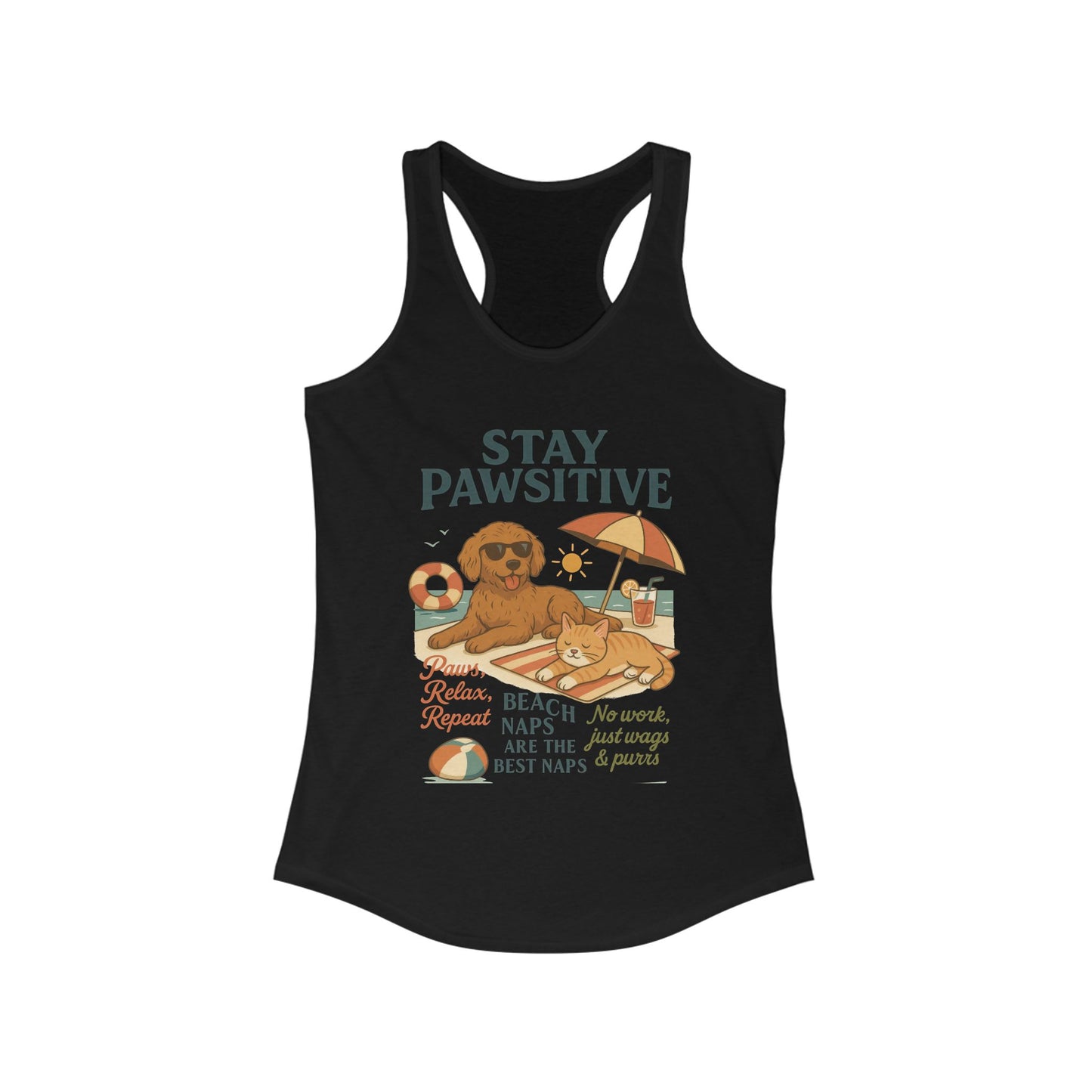 Stay Pawsitive Womens Tank, Cute Dog & Cat Beach Tee, Summer Pet Lover Tee, Animal Graphic Heavy Cotton Tee, Fun Pet Lovers Gift
