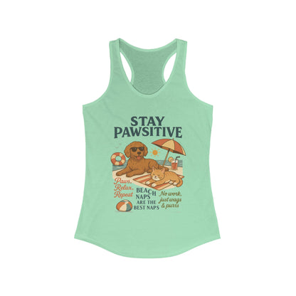 Stay Pawsitive Womens Tank, Cute Dog & Cat Beach Tee, Summer Pet Lover Tee, Animal Graphic Heavy Cotton Tee, Fun Pet Lovers Gift