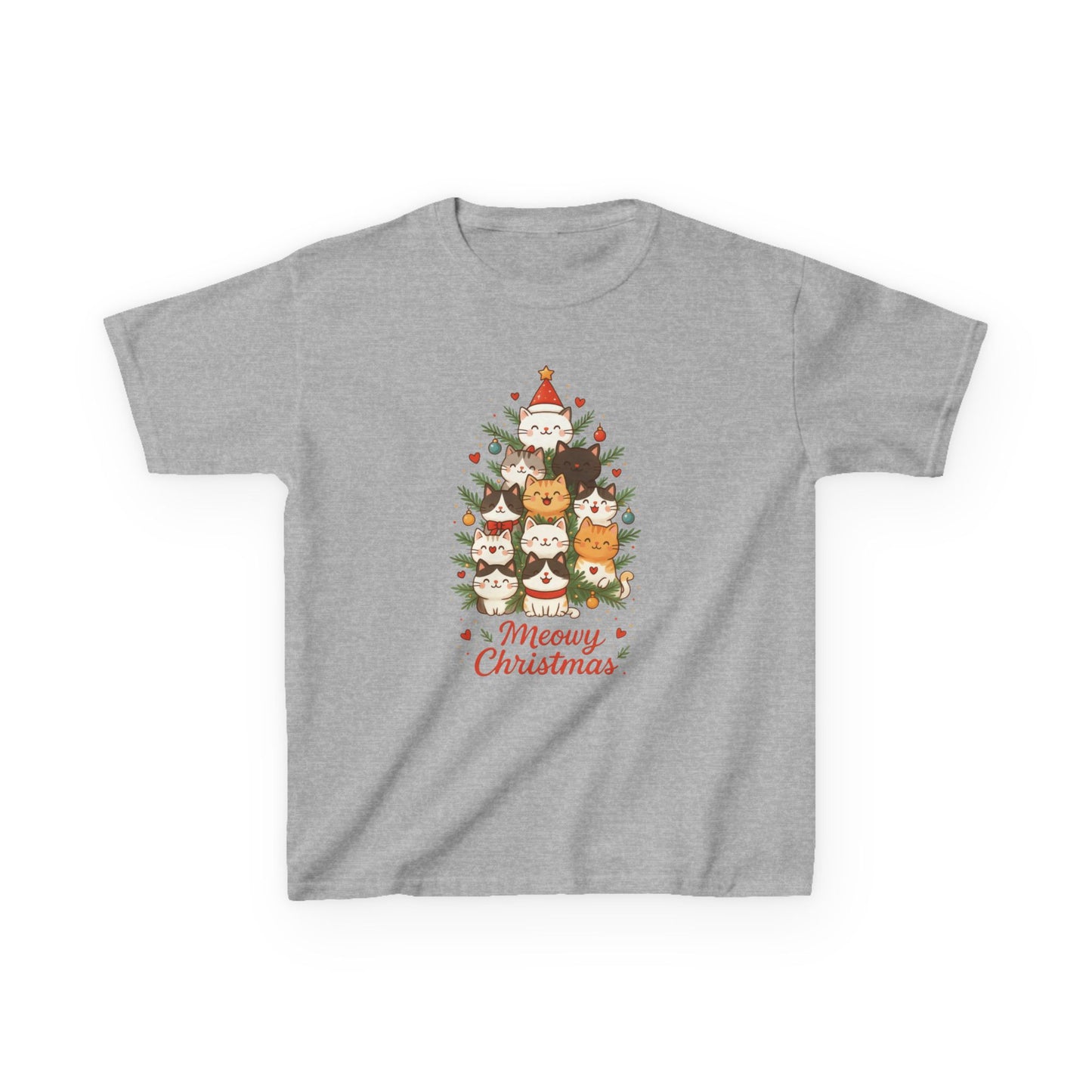 Youth Meowy Christmas Cat T-Shirt, Cute Kids Holiday Kitty Tee