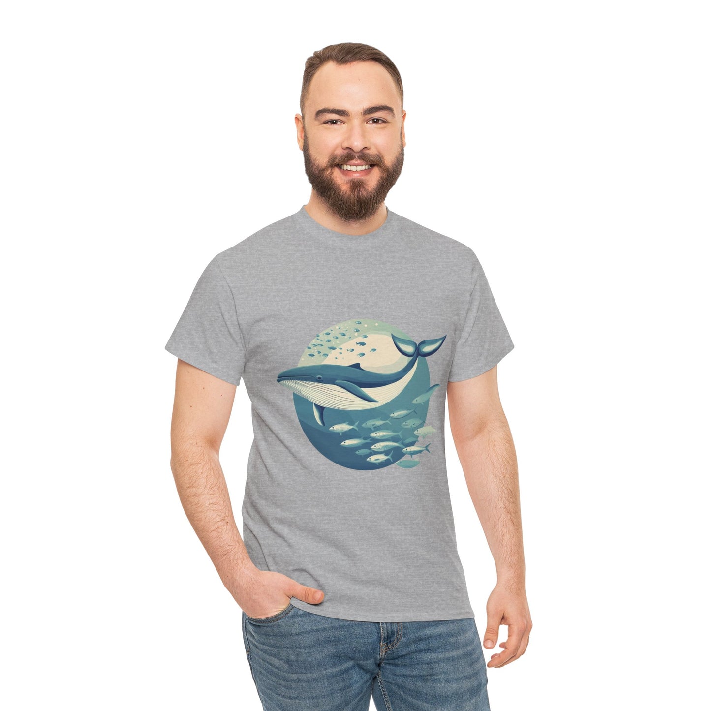 Whale and Fish Unisex Heavy Cotton Tee, Ocean Lover Shirt, Nature Tee, Sea Creature Gift, Casual Summer Top, Ocean Whale Graphic Tee