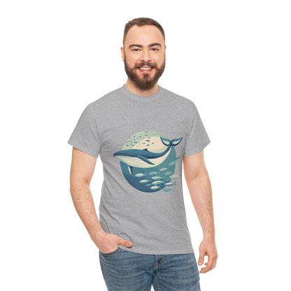 Whale and Fish Unisex Heavy Cotton Tee, Ocean Lover Shirt, Nature Tee, Sea Creature Gift, Casual Summer Top, Ocean Whale Graphic Tee