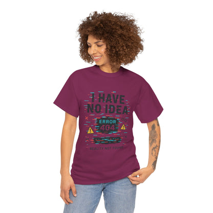 Funny Error 404 Unisex Heavy Cotton Tee, Graphic Tee, Humor Shirt, Gift for Tech Lovers, Casual Wear, Unique T-Shirt