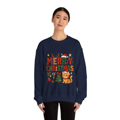 Women's Merry Christmas Cat Sweatshirt, Cozy Holiday Cat Lover Pullover, Women's Heavy Blend™ Crewneck Sweatshirt