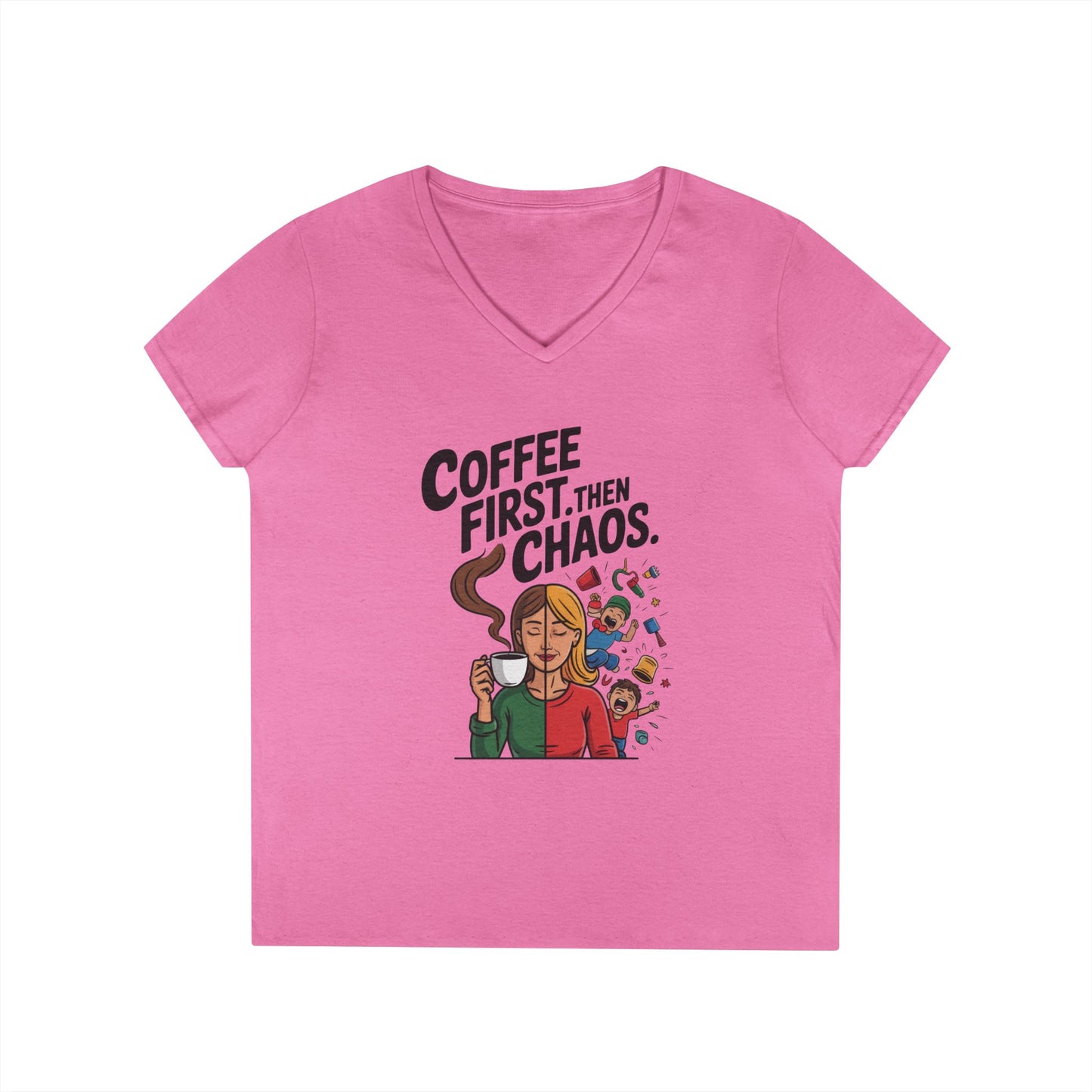 Coffee First Then Chaos V-Neck T-Shirt, Funny Mom Life Shirt, Mother's Day Gift, Mom Humor Tee, mom graphic tee, caffeine lover tee