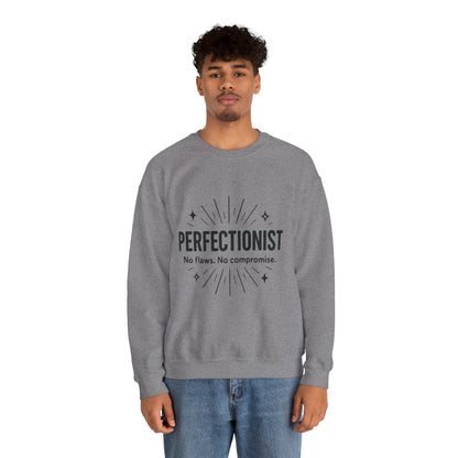 Men's Perfectionist Sweatshirt, Bold No Flaws No Compromise Design, Clean Look Funny Gift for Him, Minimal Black Graphic Pullover