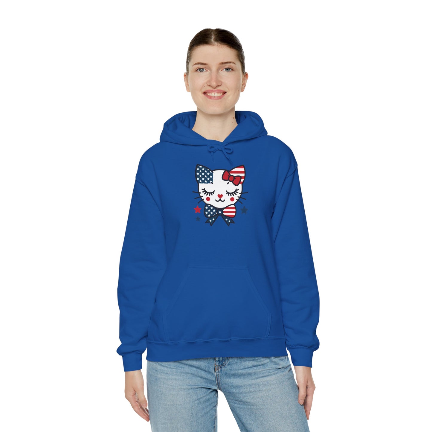 Cute Cat Patriot Women's Hoodie, Women's Heavy Blend Sweatshirt, Gift for Cat Lovers, 4th of July Apparel, Perfect for Independence Day