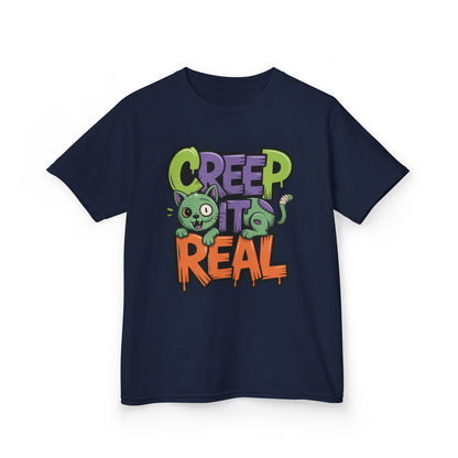 Creep It Real Kids Halloween Shirt, Cute Zombie Cat Graffiti Style T-Shirt for Boys & Girls