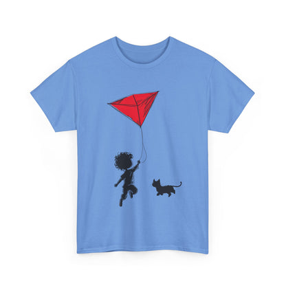 Cute Kid and Cat Design T-Shirt, Playful Gift for Cat Lovers, Summer Style, Cat Lover T-Shirt, Gift for Cat Owners, Women's Cotton T-Shirt
