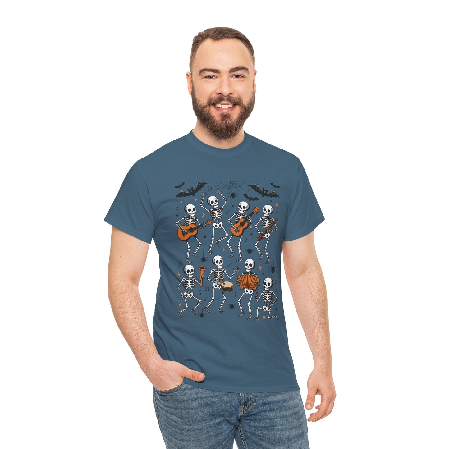 Dancing Skeleton Band Halloween T-Shirt for Men, Funny Spooky Music Tee, Rock and Roll Skeleton Shirt, Cool Halloween Party Outfit