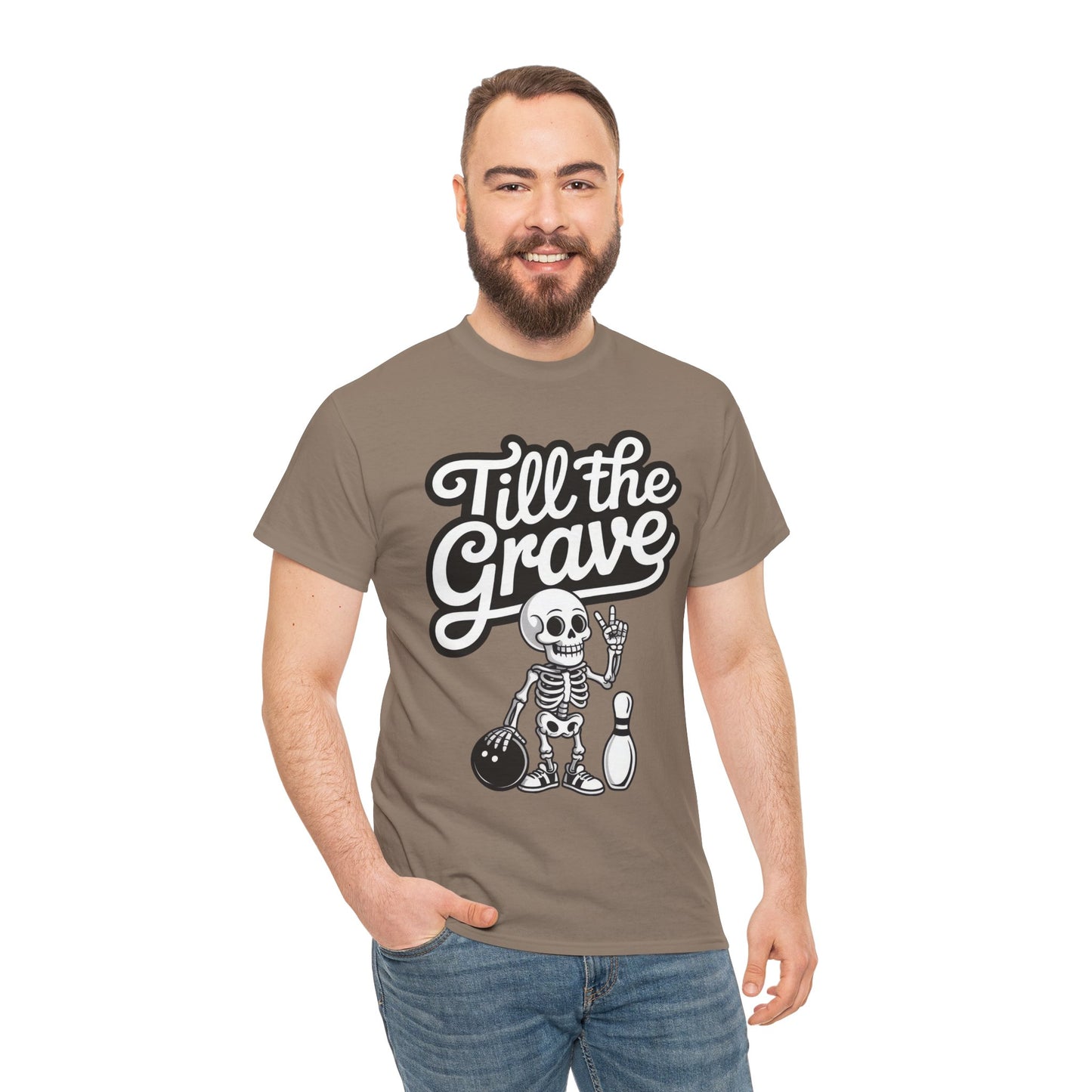 Skeleton Bowling Graphic Tee, Mens Heavy Cotton Tee, Funny Halloween Shirt, Gift for Bowlers, Retro Style Apparel, Casual Wear