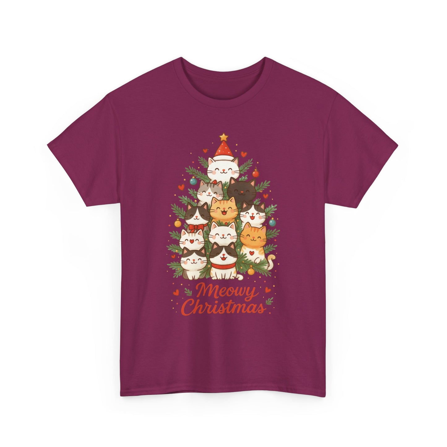 Women's Meowy Christmas Cat T-Shirt, Cute Holiday Kitty Tree Tee