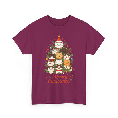 Women's Meowy Christmas Cat T-Shirt, Cute Holiday Kitty Tree Tee