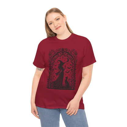 Gothic Witch & Cat Women's T-Shirt, Elegant Halloween Moon Silhouette Witchy Graphic Tee