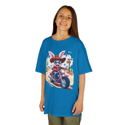 Biker Bunny Kids Tee - Fun Easter Shirt for Boys & Girls, Cute Spring Outfit with Motorcycle Rabbit Heavy Cotton Toddler T-Shirt Bunny Rider