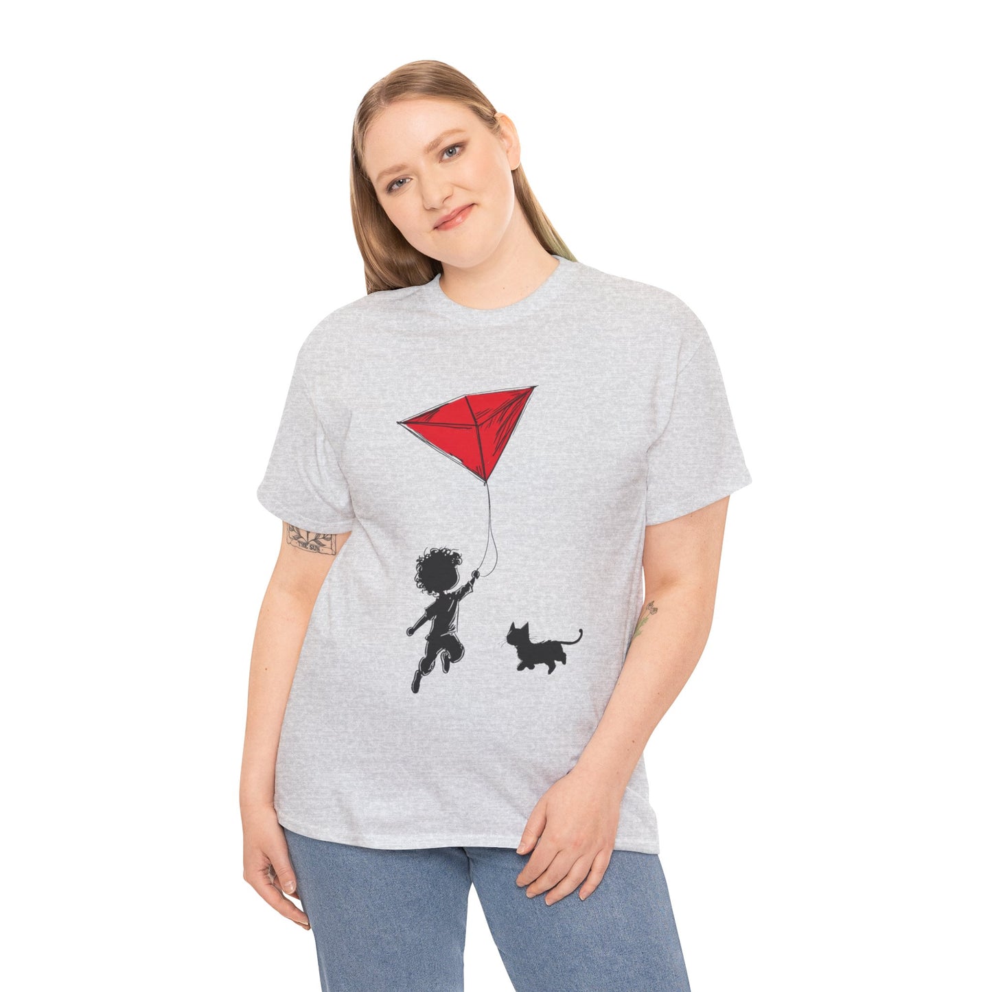 Cute Kid and Cat Design T-Shirt, Playful Gift for Cat Lovers, Summer Style, Cat Lover T-Shirt, Gift for Cat Owners, Women's Cotton T-Shirt