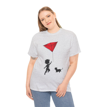 Cute Kid and Cat Design T-Shirt, Playful Gift for Cat Lovers, Summer Style, Cat Lover T-Shirt, Gift for Cat Owners, Women's Cotton T-Shirt