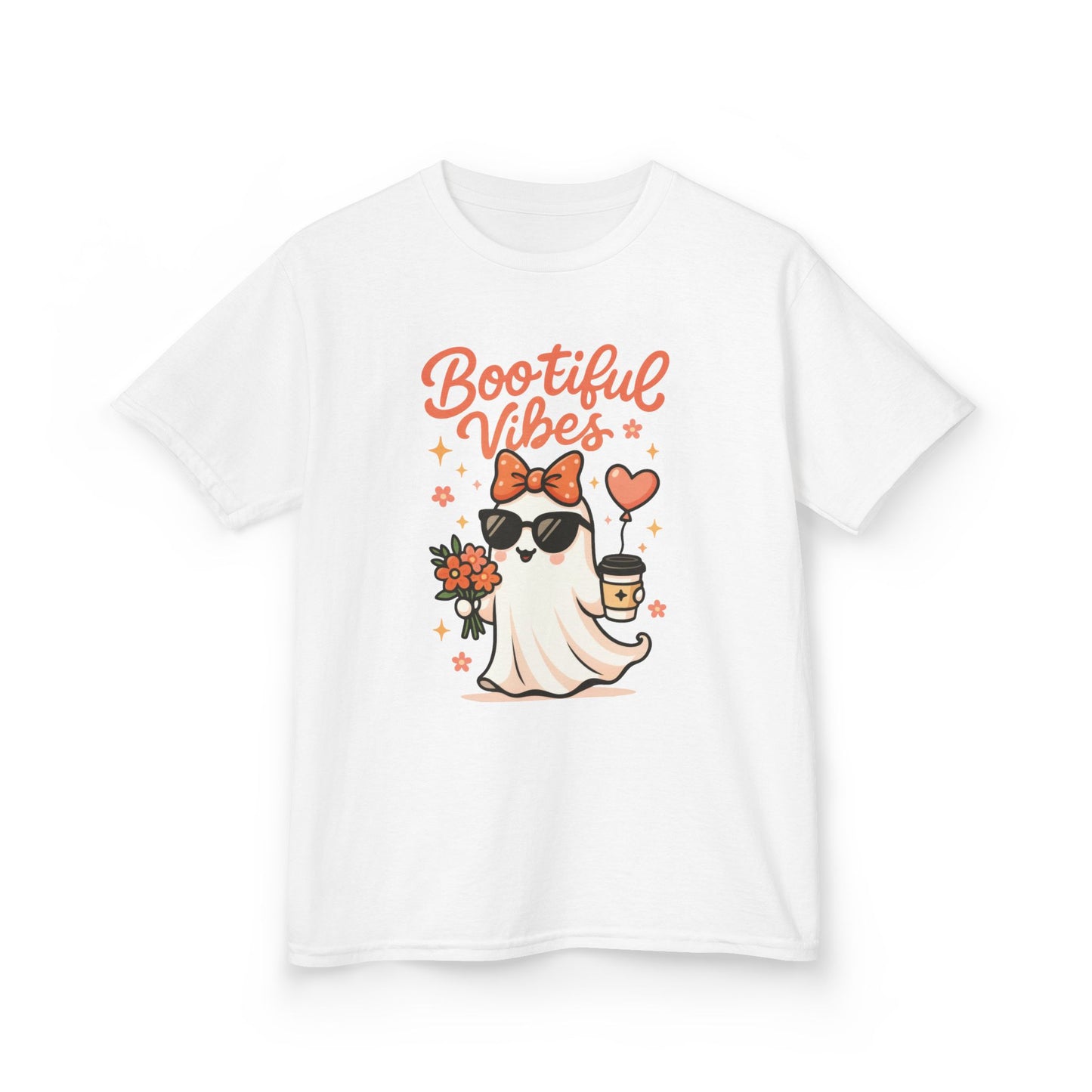 Girls Halloween Ghost T-Shirt, Cute Bootiful Vibes Tee for Kids, Fun Spooky Season Shirt, Tween Girl Outfit Gift, Kids Heavy Cotton™ Tee