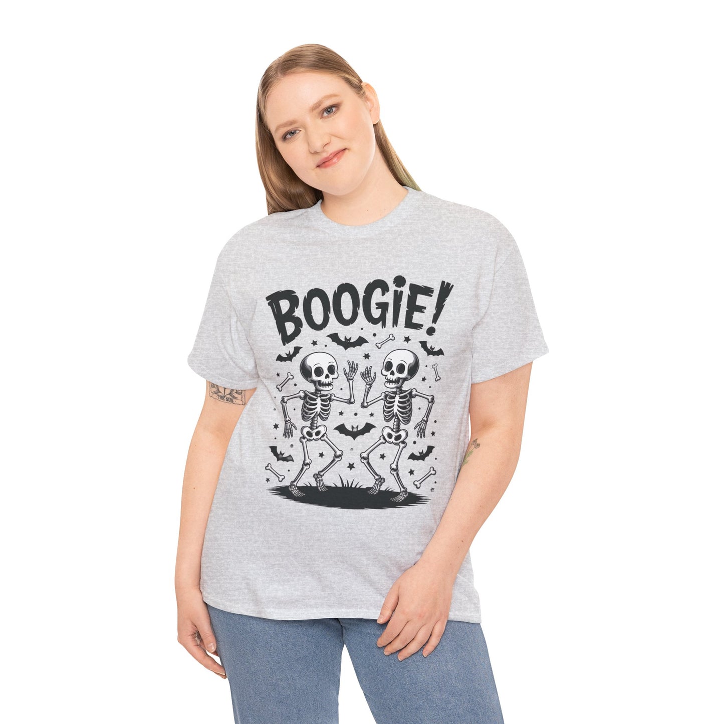 Halloween Dancing Skeletons Women's T-Shirt, BOOGIE! Funny Spooky Graphic Tee for Women, Women's Heavy Cotton Tee