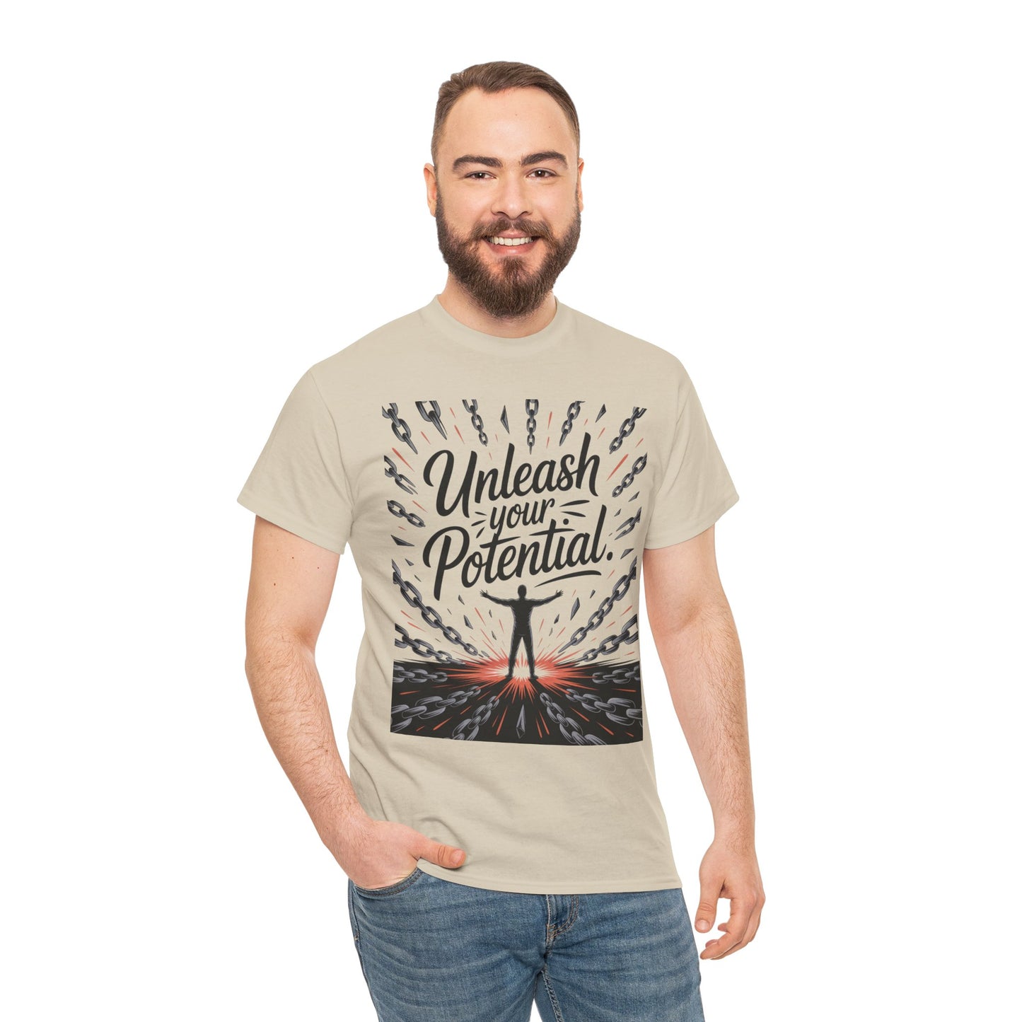 Inspiring Men's Heavy Cotton Tee, "Unleash Your Potential" Motivation Shirt, Gift for Graduates, Personal Growth Apparel, Casual Wear