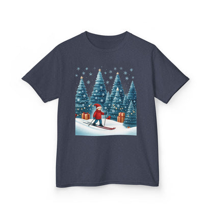 Kids Christmas Skiing T-Shirt, Cute Winter Holiday Graphic Tee, Kids Heavy Cotton™ Tee