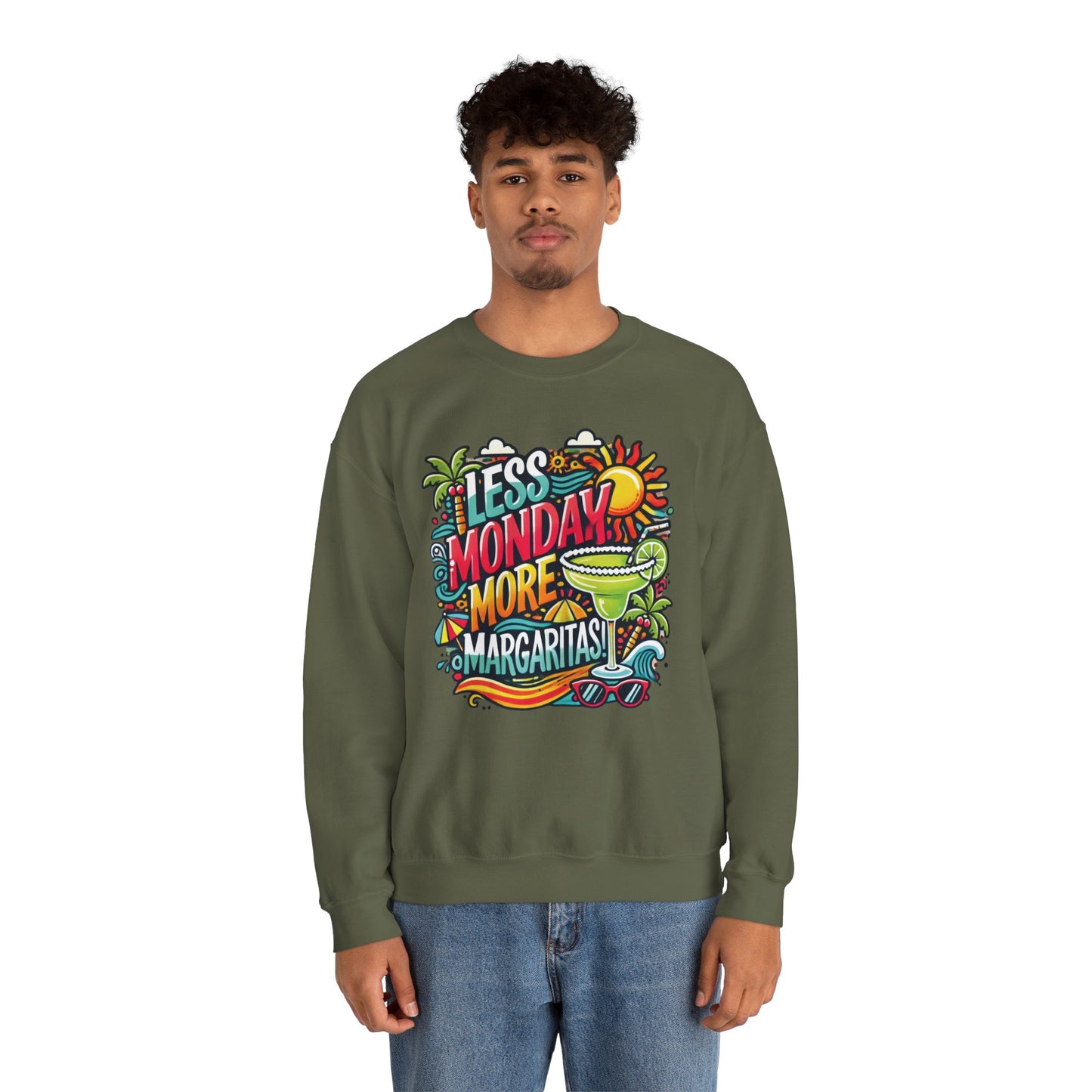 Less Monday More Margaritas Crewneck Sweatshirt, Funny Summer Unisex Beach Vibes Pullover, Fun Unisex Crewneck, Summer Parties Sweatshirt