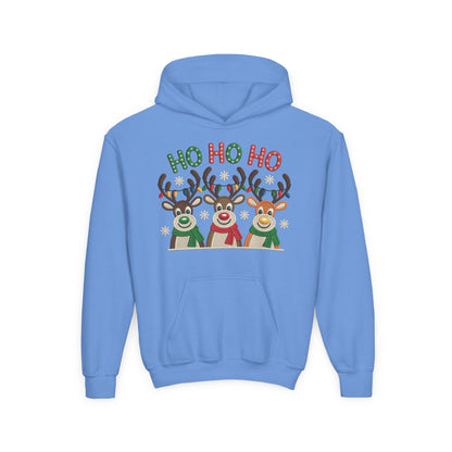 Ho Ho Ho Reindeer Hoodie for Girls, Cute Christmas Holiday Kids Pullover, Youth Hooded Sweatshirt