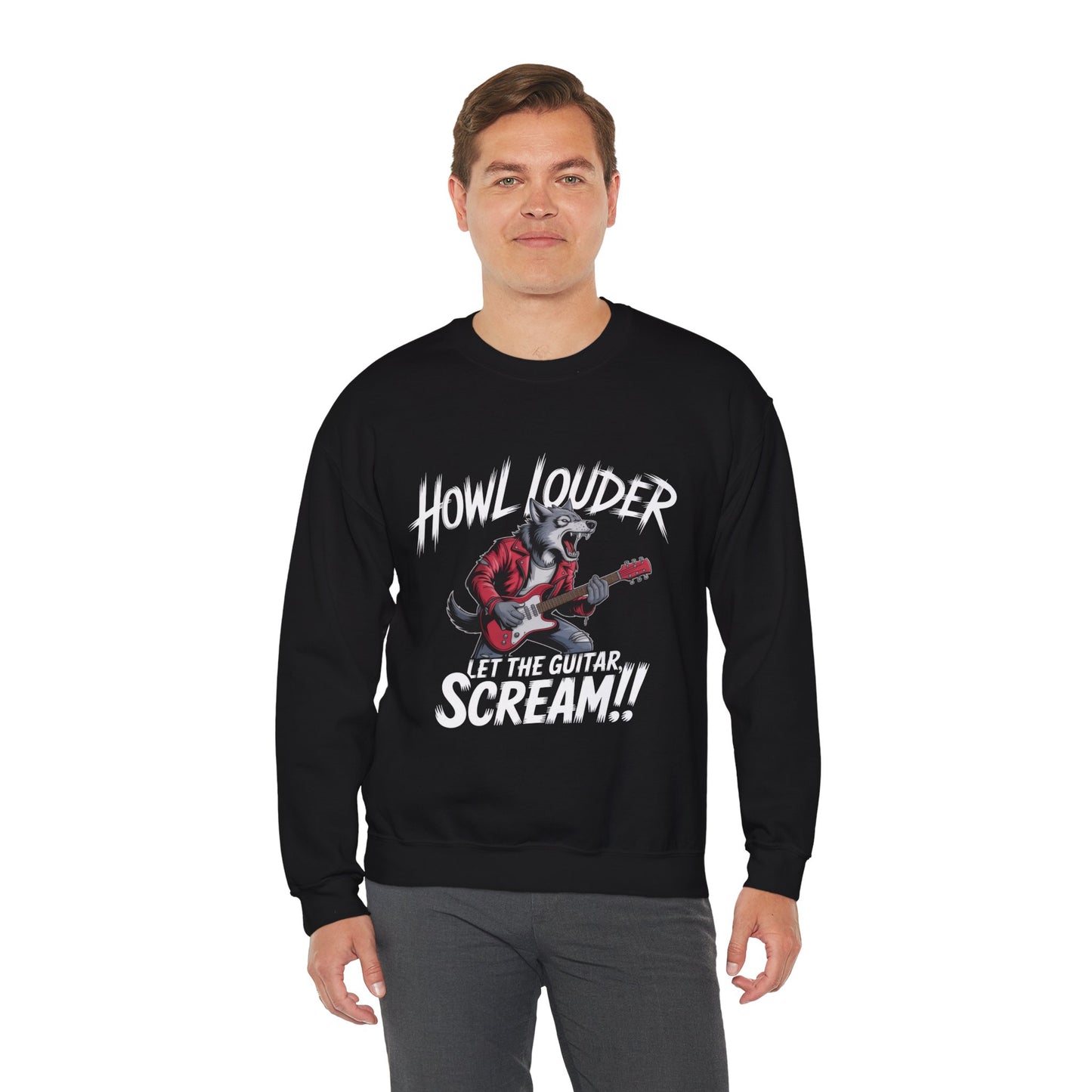 Howl Louder Wolf Sweatshirt, Let The Guitar Scream Pullover, Rock Guitar Animal Hoodie, Rocking Wolf Crewneck Sweatshirt, Music Lover Gift