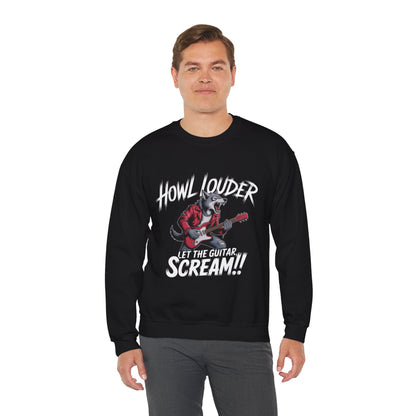 Howl Louder Wolf Sweatshirt, Let The Guitar Scream Pullover, Rock Guitar Animal Hoodie, Rocking Wolf Crewneck Sweatshirt, Music Lover Gift
