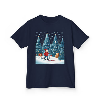 Kids Christmas Skiing T-Shirt, Cute Winter Holiday Graphic Tee, Kids Heavy Cotton™ Tee