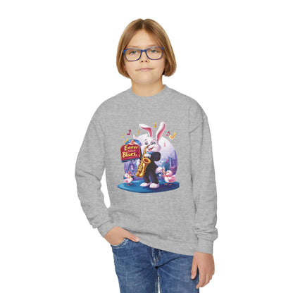 Jazz Bunny Easter Kids Sweatshirt - Cute Saxophone Playing Bunny Design, Fun Spring Crewneck, Holiday Gift for Boys and Girls