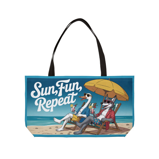 Funny Animal Beach Weekender Tote Bag, Weekender Bag with Cool Cartoon Duck and Wolf, Oversized Travel Beach Bag, Summer Essentials