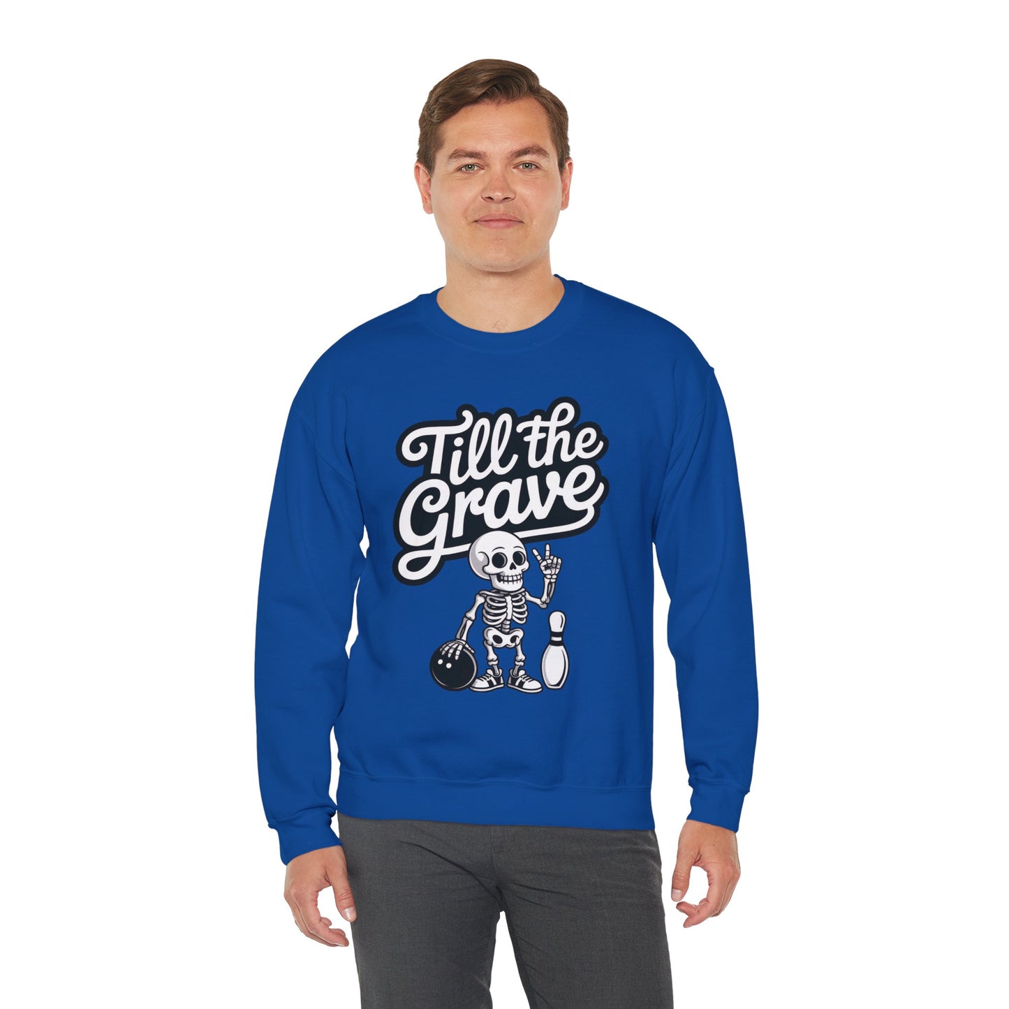 Funny Skeleton Bowling Mens Pullover, Halloween Apparel, Funny Skeleton Bowling Shirt, Casual Mens Crewneck, Cool Bowler Skull Crewneck