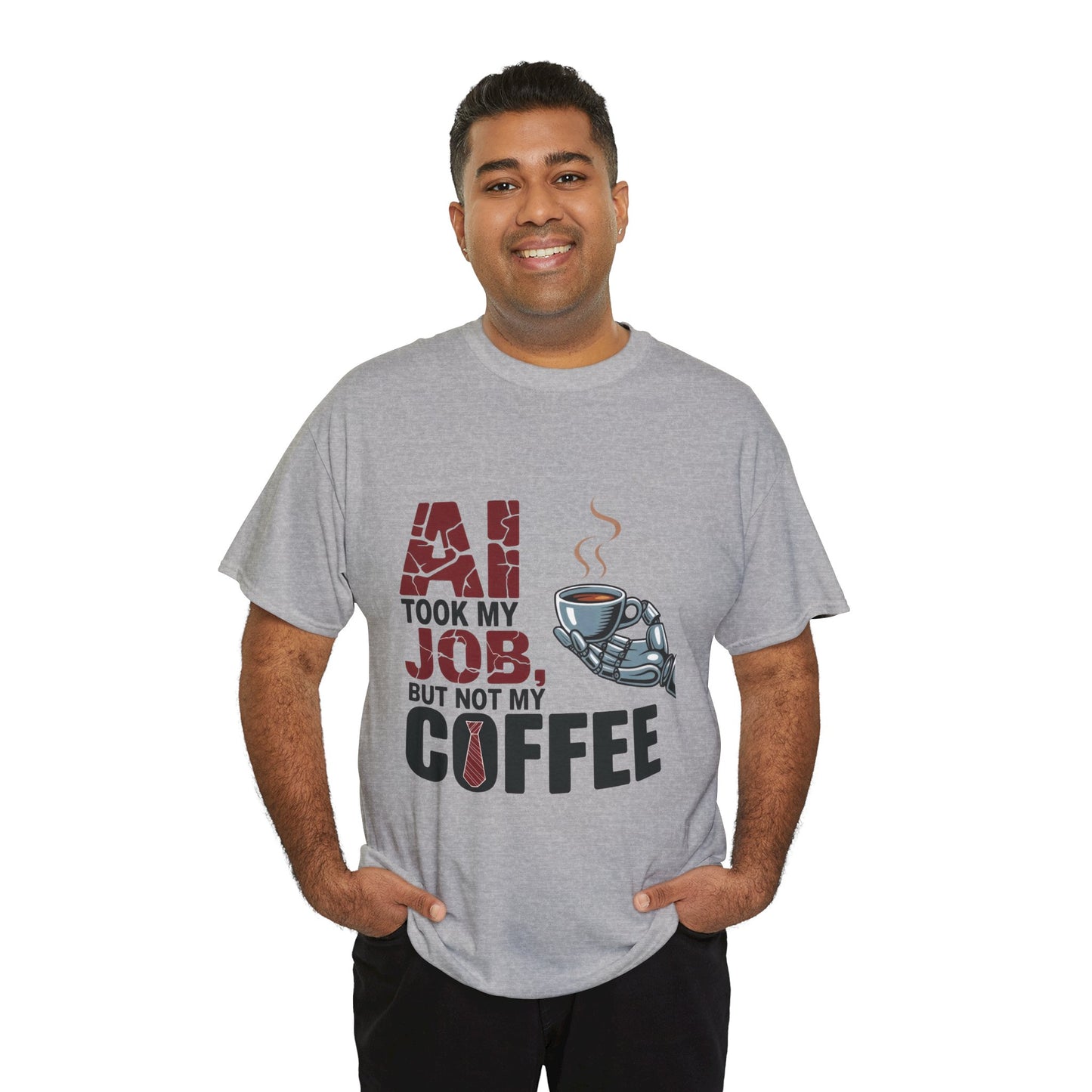 Men's AI Coffee T-Shirt, Funny Robot Humor Graphic Tee, Geek Job Joke Shirt for Him, Men's Heavy Cotton Tee, Sarcastic Work Shirt