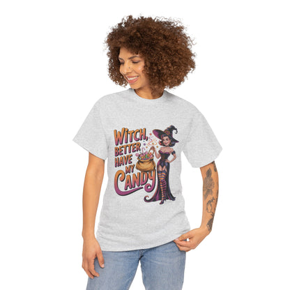 Witch Better Have My Candy Halloween T-Shirt for Women, Funny Spooky Witch Tee, Retro Pin-Up Halloween Shirt, Sassy Fall Party Top