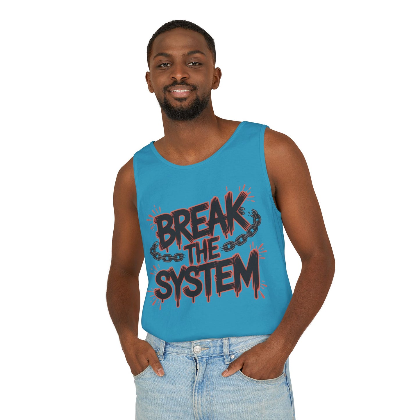 Men's Garment-Dyed Tank Top, Break the System Tank Top, Graphic Protest Muscle Tee, Streetwear Activist Summer Top