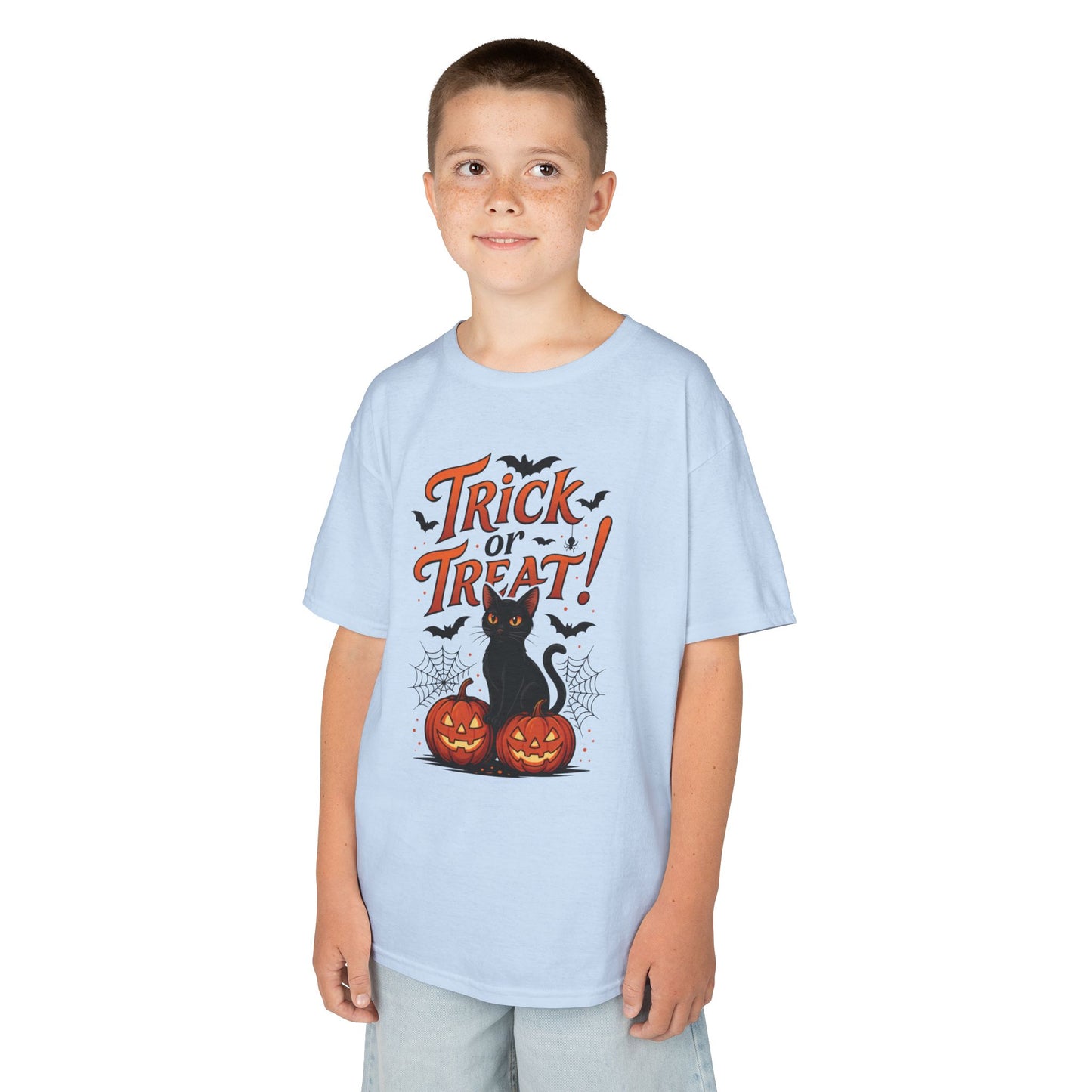 Cute Trick or Treat Black Cat T-Shirt for Girls Boys, Fun Spooky Halloween Tee, Pumpkin Cat Shirt for Kids, Fall Party Outfit