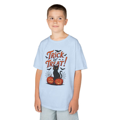 Cute Trick or Treat Black Cat T-Shirt for Girls Boys, Fun Spooky Halloween Tee, Pumpkin Cat Shirt for Kids, Fall Party Outfit