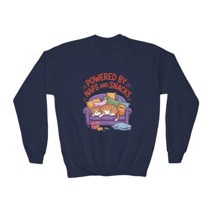 Youth Sweatshirt - Powered by Naps and Snacks, Cozy Apparel for Kids, Perfect for Chill Days, Gift for Cat Lovers, Funny Sweatshirt