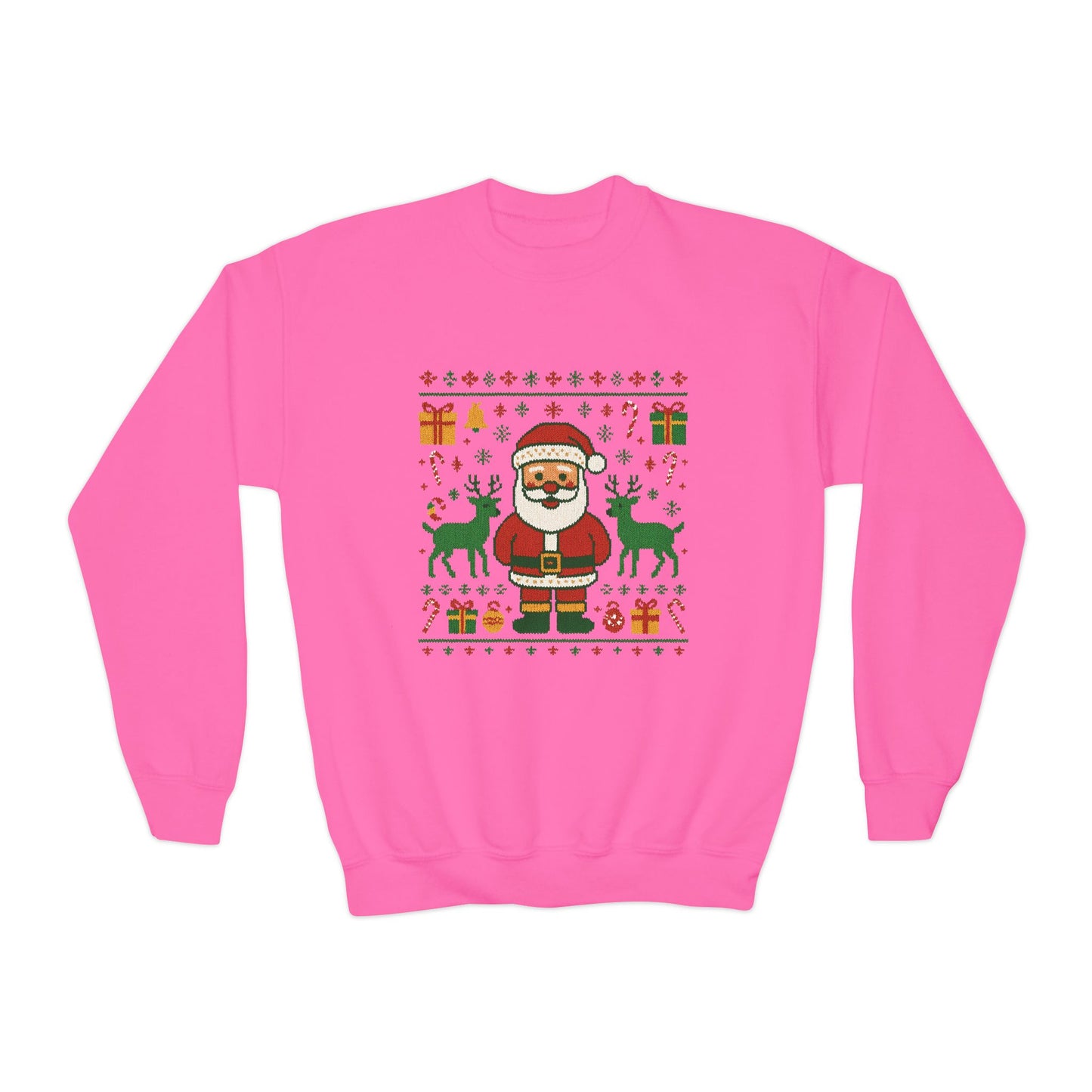 Kids Santa Christmas Shirt, Cute Knit Pattern Holiday  Sweatshirt, Youth Crewneck Sweatshirt