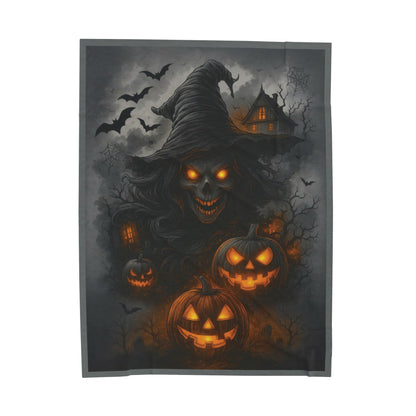 Witch and Pumpkins Halloween Velveteen Plush Blanket, Spooky Cozy Throw, Gothic Haunted House Decor, Horror Witch Gift