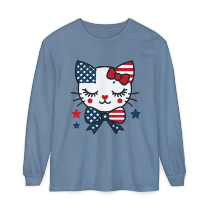 Patriotic Cat Long Sleeve T-Shirt, Women's Tee, Perfect for Fourth of July, Animal Lover Gift, Cozy Casual Wear, Holiday Apparel