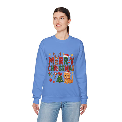 Women's Merry Christmas Cat Sweatshirt, Cozy Holiday Cat Lover Pullover, Women's Heavy Blend™ Crewneck Sweatshirt