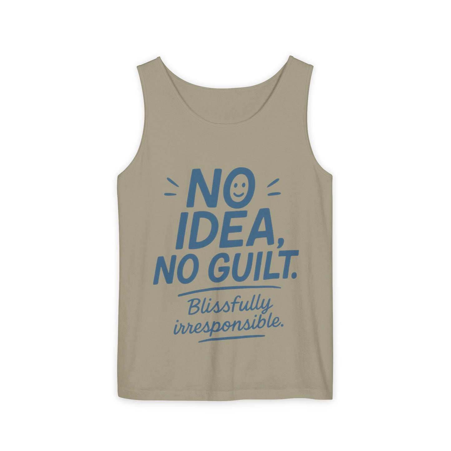 Mens Funny Tank Top, No Idea No Guilt Quote, Blissfully Irresponsible Gym Shirt, Casual Sleeveless Top, , Fun Party Shirt
