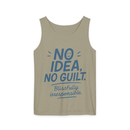 Mens Funny Tank Top, No Idea No Guilt Quote, Blissfully Irresponsible Gym Shirt, Casual Sleeveless Top, , Fun Party Shirt