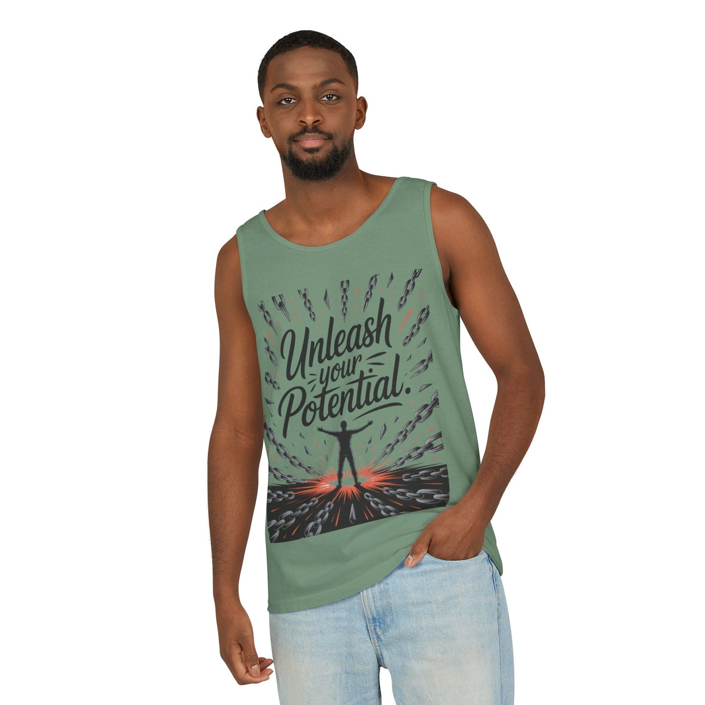 Men's Motivational Tank Top, "Unleash Your Potential" Graphic, Inspirational Gym Wear, Fitness Apparel, Summer Top, Gift for Him