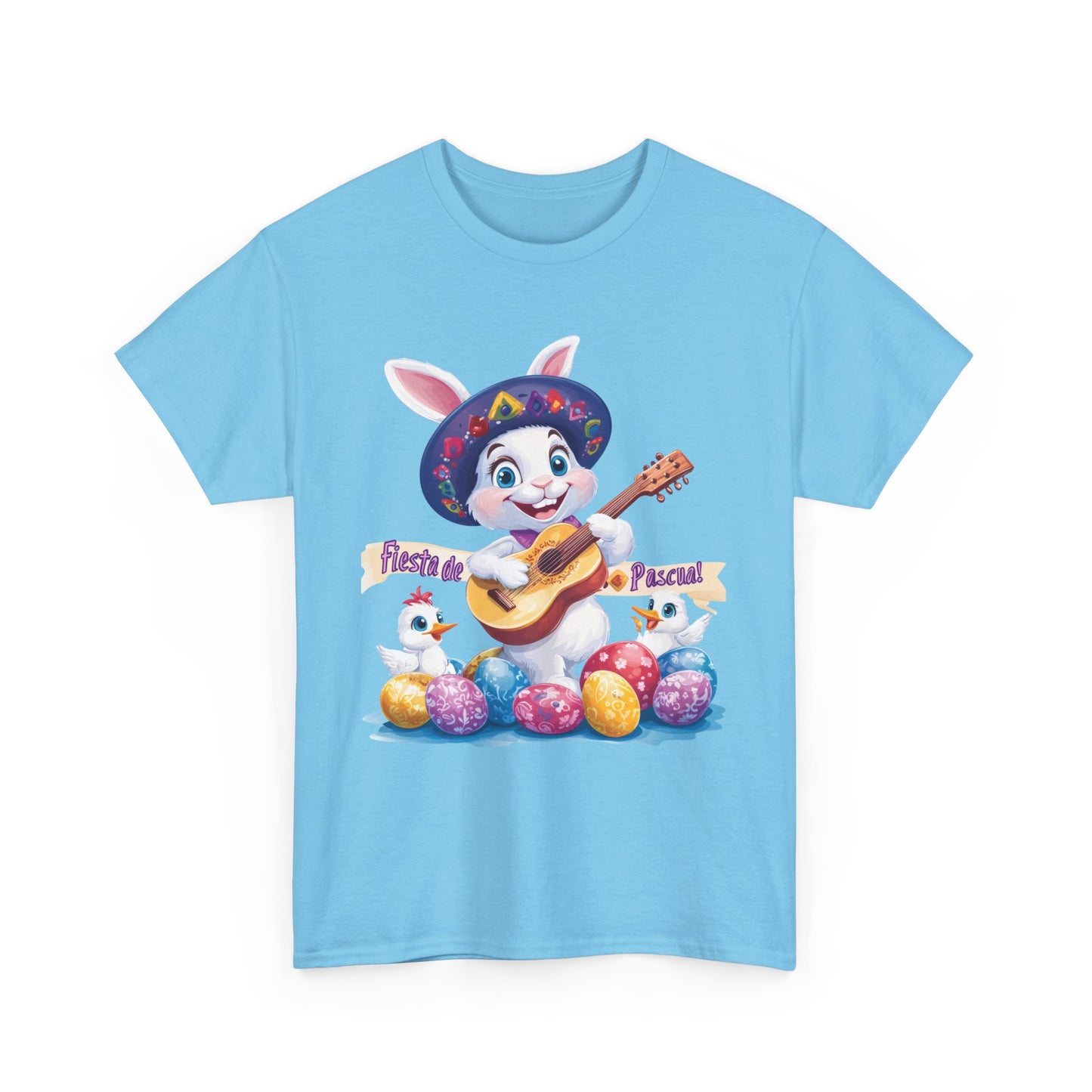 Fiesta de Pascua Bunny Shirt, Funny Easter Rabbit Playing Guitar Tee, Colorful Unisex Heavy Cotton T-Shirt, Cute Holiday Celebration Gift