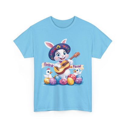 Fiesta de Pascua Bunny Shirt, Funny Easter Rabbit Playing Guitar Tee, Colorful Unisex Heavy Cotton T-Shirt, Cute Holiday Celebration Gift