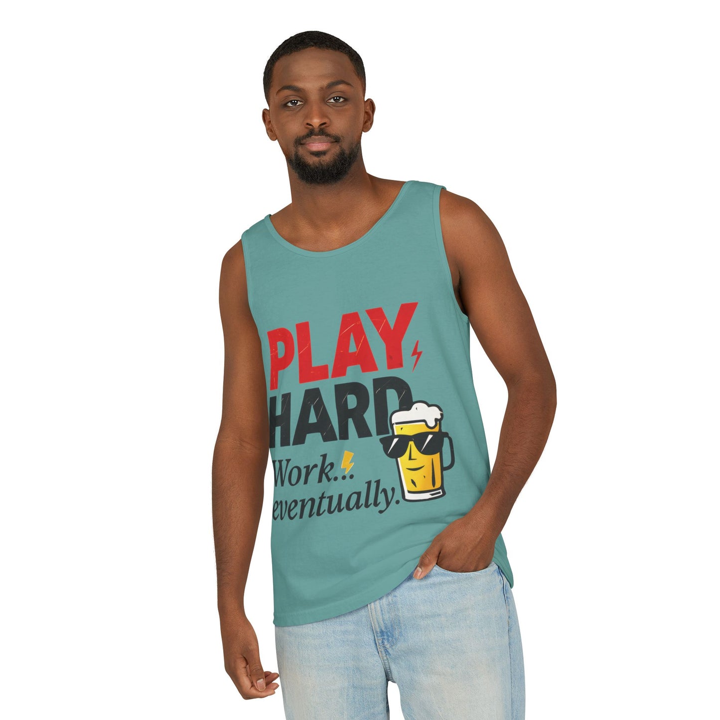 Casual Tank Top with Play Hard Print, Fun Summer Apparel, Gift for Dad or Friends, Beach Wear, Workout Top, Party Attire
