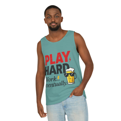 Casual Tank Top with Play Hard Print, Fun Summer Apparel, Gift for Dad or Friends, Beach Wear, Workout Top, Party Attire