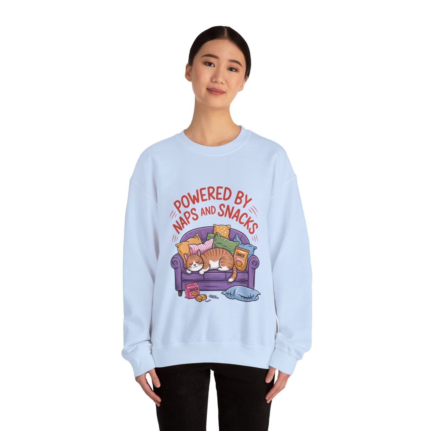 Powered by Naps and Snacks Sweatshirt, Cozy Lounge Crewneck, Gifts for Cat Lovers, Funny Cat Sweatshirt, Casual Everyday Wear
